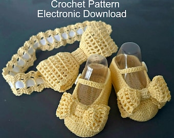 Baby Girl Crochet Pattern Headband and Shoes with Bows 4-8 Months