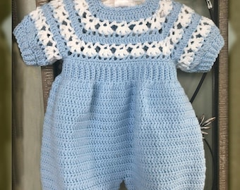 Baby Boy Bubble Romper with Lotus Cluster Yoke and Shoes Crochet Pattern 4-6 Months