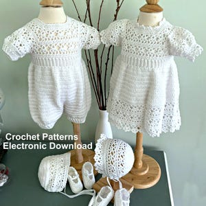 May include: White crochet baby outfits, including a romper and a dress, displayed on wooden mannequins. Matching bonnets and shoes are also shown. The text "Crochet Patterns Electronic Download" is visible.