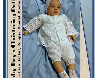 Baby Boy Lace Christening Outfit with Jacket, Romper, Hat, Booties Crochet Pattern 4-6 Months