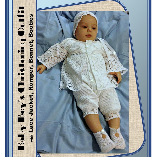 Baby Boy Lace Christening Outfit with Jacket, Romper, Hat, Booties Crochet Pattern 4-6 Months