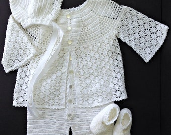 Baby Boy Lace Christening Outfit with Jacket, Romper, Hat, Booties Crochet Pattern 4-6 Months