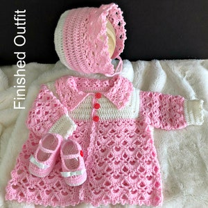 Crocheted Baby Girl Outfit: Sweater Jacket, Bonnet, Mary Janes (4-6 Months)