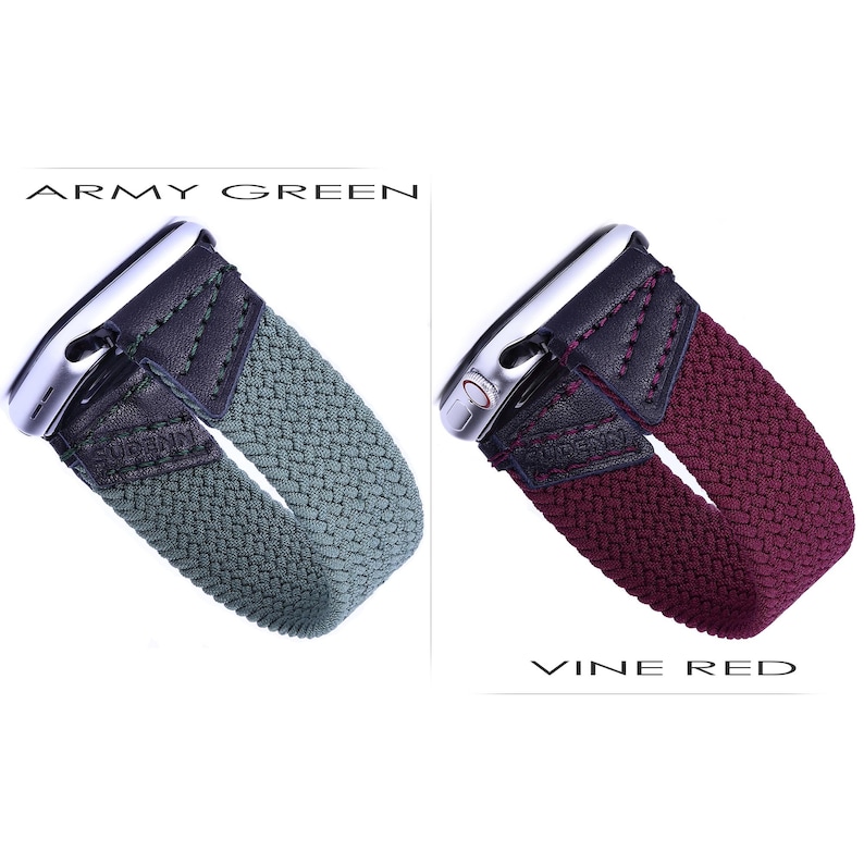 May include: Two Apple Watch bands, one in army green and one in vine red. Both bands are made of a woven material and have a black leather strap.