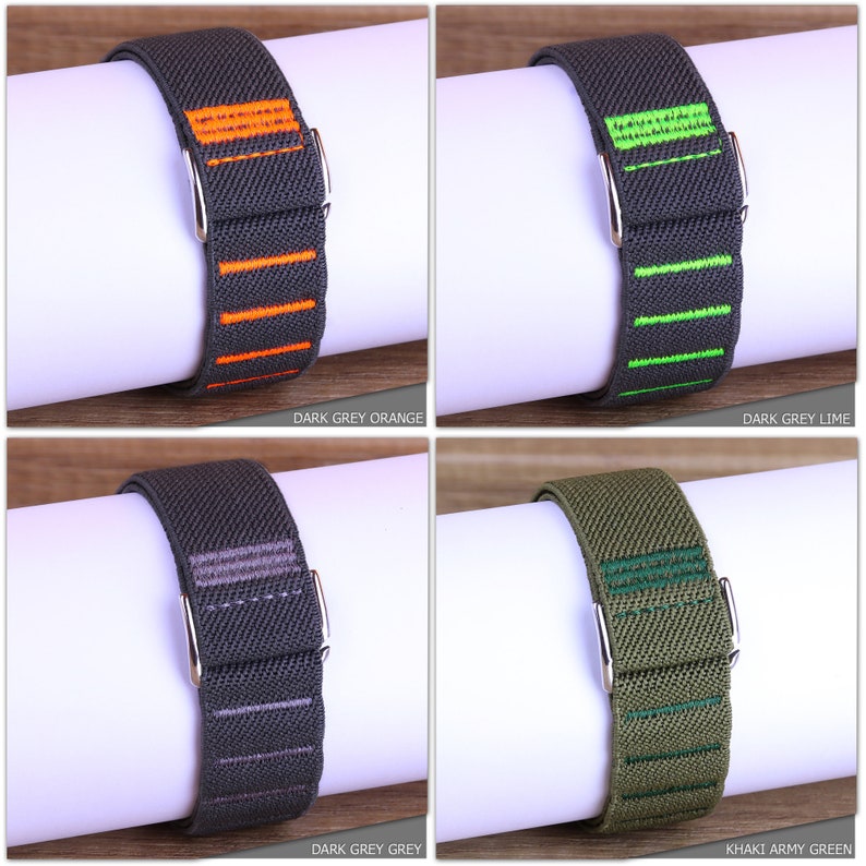 Puede incluir: Cuatro correas de reloj de diferentes colores con rayas de colores contrastantes. Las correas est&aacute;n hechas de un material el&aacute;stico y tienen una hebilla plateada. Los colores son gris oscuro con rayas naranjas, gris oscuro con rayas verde lima, gris oscuro con rayas grises y caqui con rayas verde militar.