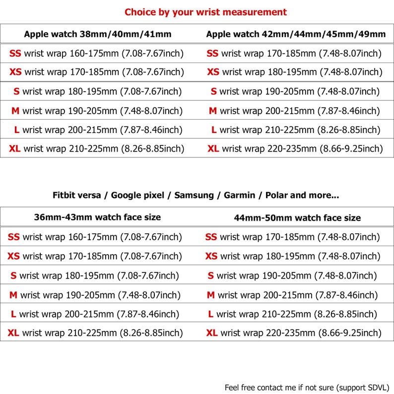 May include: A chart showing wrist sizes for different Apple Watch models, Fitbit Versa, Google Pixel, Samsung, Garmin, Polar, and other smartwatches. The chart lists wrist sizes in inches and millimeters.