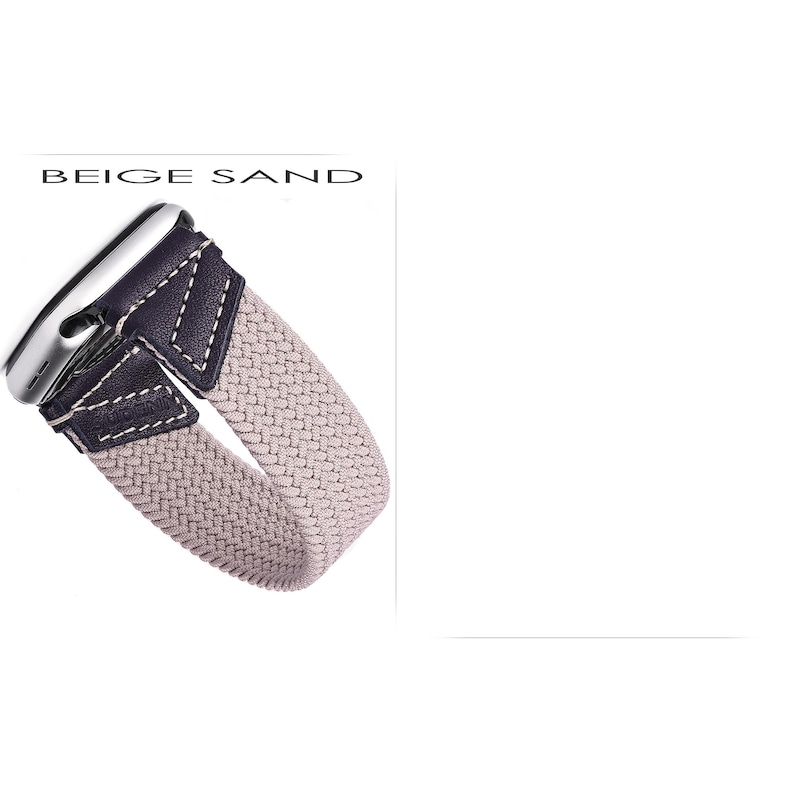 May include: Beige sand colored woven Apple Watch band with a dark blue leather strap and silver buckle.