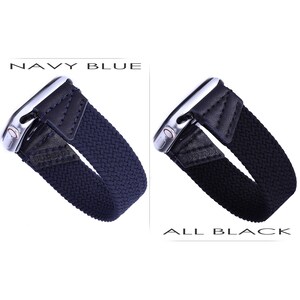 May include: Two Apple Watch bands, one navy blue and one black, with a braided design and a leather strap. The bands are shown on a white background with the text "NAVY BLUE" and "ALL BLACK" below each band.