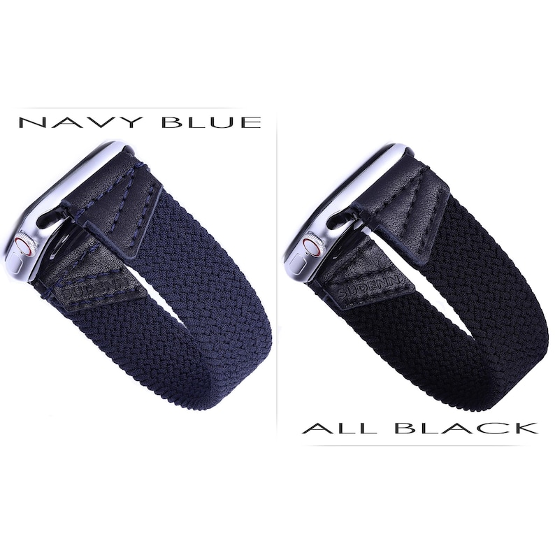 May include: Two Apple Watch bands, one navy blue and one black, with a braided design and a leather strap. The bands are shown on a white background with the text "NAVY BLUE" and "ALL BLACK" below each band.