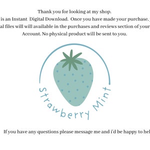 May include: A digital download graphic with a green and blue strawberry illustration in a circle with the text "Strawberry Mint".