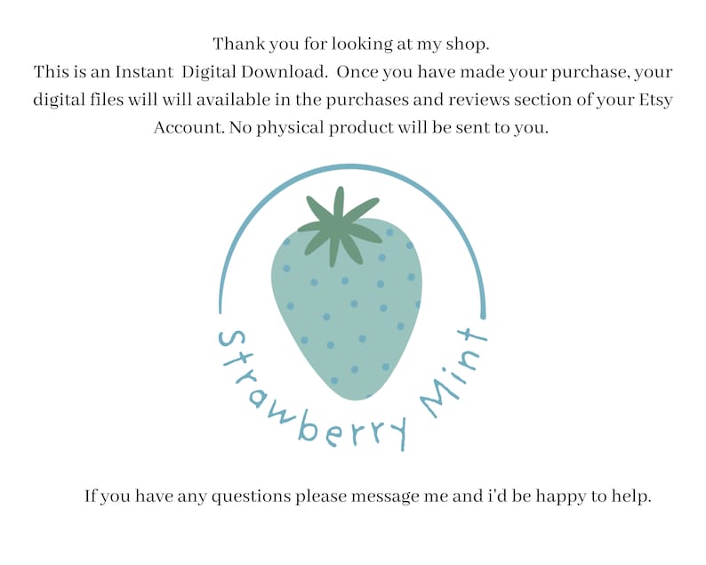 May include: A digital download graphic with a green and blue strawberry illustration in a circle with the text "Strawberry Mint".