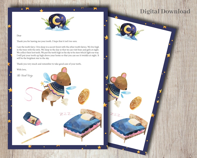 May include: A printable letter from the tooth fairy to a child who lost a tooth. The letter is illustrated with a cartoon mouse fairy holding a tooth and a gold coin. The letter includes a message from the tooth fairy, thanking the child for their tooth and explaining that she will put it in the sky to be a star. The letter also includes a picture of a bed with a sleeping child and a toothbrush and toothpaste.