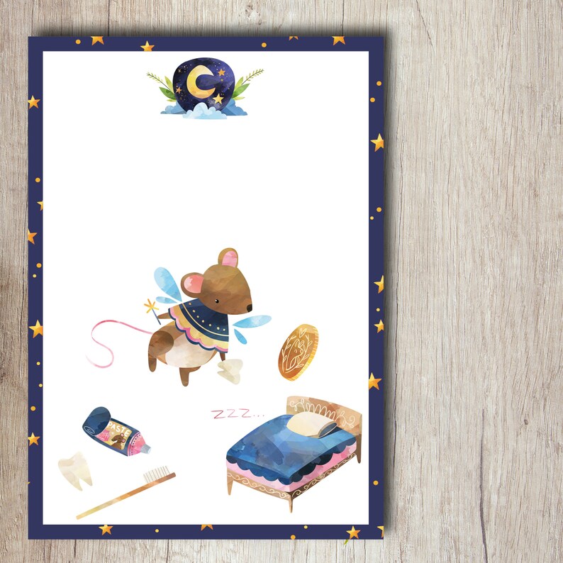 May include: A blue and white bed with a pink and gold frame, a brown mouse with wings, a toothbrush, a tube of toothpaste, a tooth, and a gold coin. The image has a blue background with gold stars.