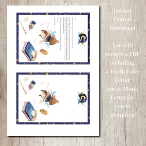 May include: Printable PDF download featuring two tooth fairy letters. The first letter is a pre-written letter from the tooth fairy, featuring a cute illustration of a mouse fairy. The second letter is a blank template for you to personalize.