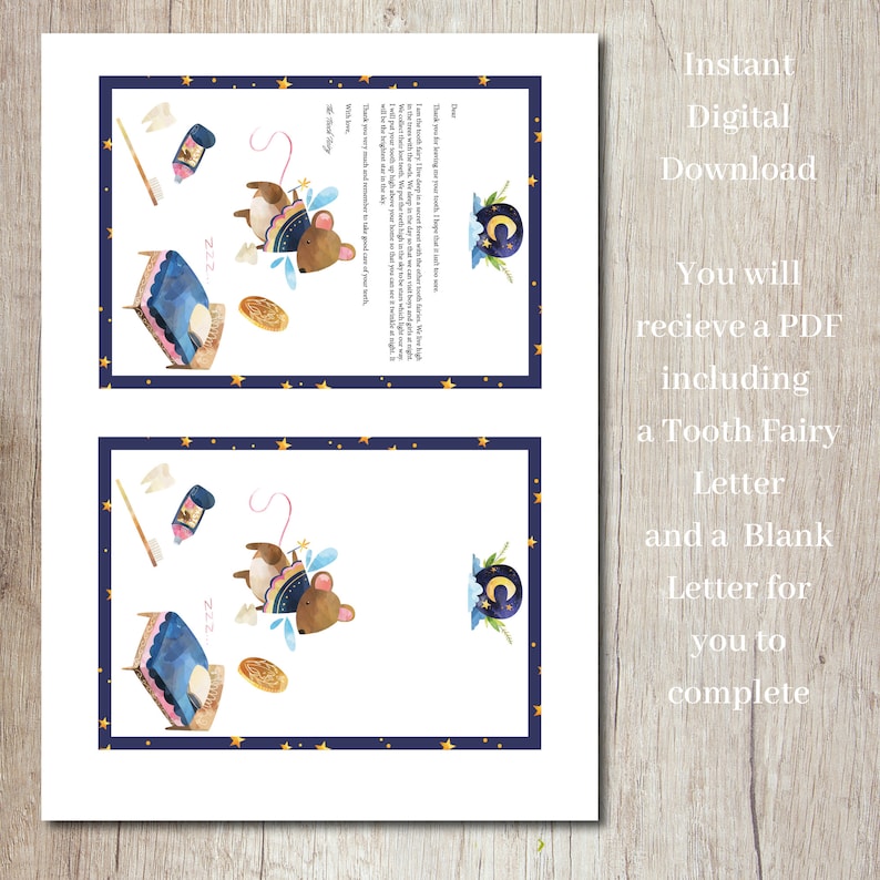 May include: Printable PDF download featuring two tooth fairy letters. The first letter is a pre-written letter from the tooth fairy, featuring a cute illustration of a mouse fairy. The second letter is a blank template for you to personalize.