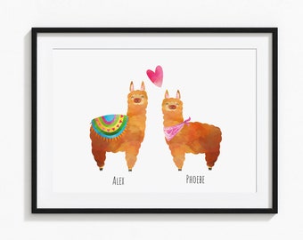 Custom couples portrait print, Llama and alpaca wall art, Personalised gift for her or him, Engagement present, Anniversary gift