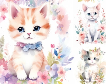 20 Cat clipart commercial use, Cute kitten cats clipart, Botanical digital watercolor clip art, Cat with Pastel color Flowers Clipart