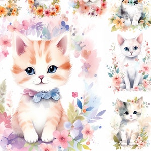 20 Cat clipart commercial use, Cute kitten cats clipart, Botanical digital watercolor clip art, Cat with Pastel color Flowers Clipart