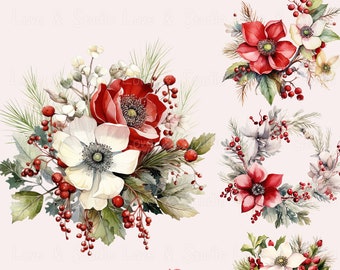 25 Watercolor Christmas Roses Clipart, Christmas Party Digital Supply, Wintery Charm Flower Backdrop. Transparency PNG file. Commercial use