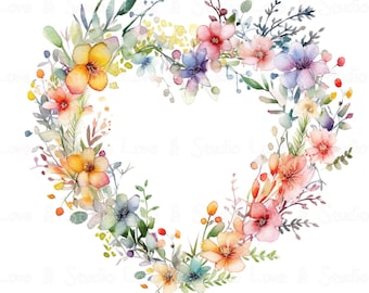 May include: A watercolor illustration of a heart-shaped wreath made of colorful flowers. The wreath is made of various flowers in shades of pink, yellow, blue, and orange. The flowers are arranged in a heart shape, with the stems and leaves forming a delicate frame. The wreath is perfect for adding a touch of whimsy and romance to any project.