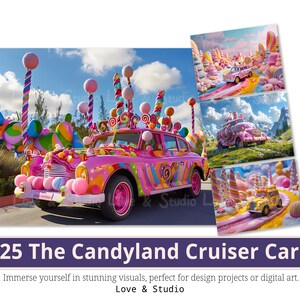 25 The Candyland Cruiser Car Digital Paper, Printable Adventure Vehicle, Fantasierijke World's Car Clipart, Digitaal Scrapbook, Commercieel Gebruik