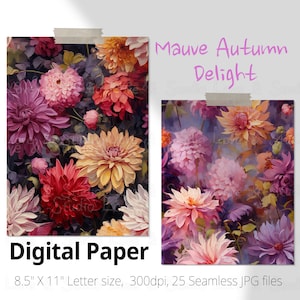 25 Mauve Autumn Delight Floral Seamless Pattern, Pintura al óleo impresionista Papel tamaño carta digital, Girasol, dalia y crisantemo