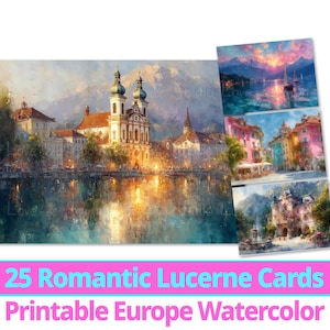 Papel digital para postales de Lucerna, Suiza, imágenes prediseñadas de acuarela de lugares emblemáticos, paquete imprimible de tarjetas románticas de ciudades europeas, uso comercial