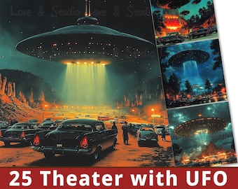 25 Futuristic Theater with UFOs Digital Paper, Printable Futurescapes Background, Retro Futuristic SF Landscapes Backdrop. Commercial Use