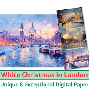 25 Weiße Weihnachten in London Digitales Papier, fallender Schnee Stadtbild, festlicher Winter Hintergrund, Weihnachtskollektion Geschenkkarte, kommerzielle Nutzung