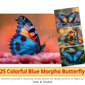 25 coloré bleu papillon Morpho Portrait papier numérique, clipart lépidoptères réalistes imprimable, PNG de haute qualité, usage Commercial