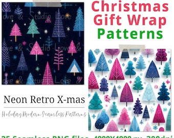 Può includere: Motivi di carta da regalo natalizia con disegni di alberi di Natale retrò al neon in rosa, blu e verde acqua su sfondo blu scuro. L'immagine include il testo "Neon Retro X-mas" e "Holiday Modern Seamless Patterns."