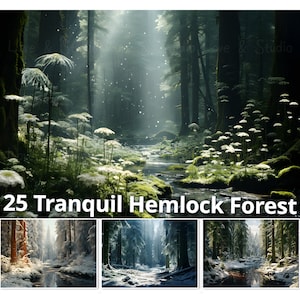 25 Snowy Tranquil Hemlock Forest Digital Paper, Winter Fantasy Background. Overlay, Making Cards, Journal, Wallpaper, and Book Cover.
