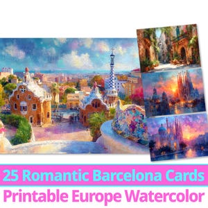 25 Barcelona, Spanje ansichtkaart digitaal papier, aquarel landmark clipart, afdrukbare bundel romantische Europese stadskaarten, commercieel gebruik
