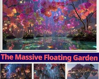 Könnte beinhalten: Ein digitaler Kunstdruck einer Fantasy-Landschaft mit einem schwebenden Garten. Die Szene wird von rosa und lila blühenden Bäumen dominiert, die sich im Wasser spiegeln. Der Text "The Massive Floating Garden" und "25 Ruined Neo-Myth World Arts" befindet sich unten.