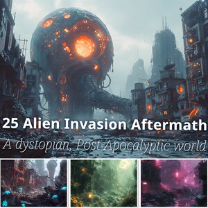 May include: A dystopian, post-apocalyptic world with a large, glowing, alien orb in the centre of the image. The orb is surrounded by ruined buildings and a river. The image is divided into three sections, each showing a different colour scheme.