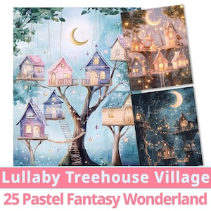 25 Schlaflied Baumhaus Dorf Digitales Papier. Magical Pastel World Traumlandschaft Kollektion. Fantasy Wonderland für Little Dreamer Kommerzielle Nutzung
