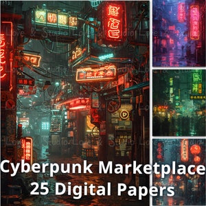 25 Underground Cyberpunk Marketplace Digital Paper, Printable Sci-Fi Futuristic Artwork, Neon Signs Background, Commercial Use