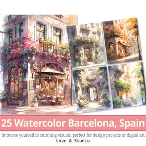 25 Barcelona, Spanje Digitaal papier, Aquarel Old City View Clipart, Straatleven, Sublimatie, Commercieel Gebruik, INSTANT Download.