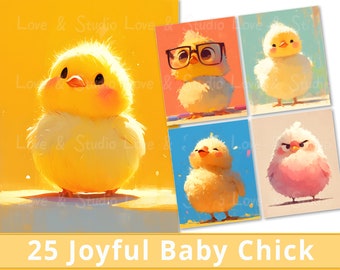 25 Joyful Baby Chick Digital Paper. Happy Safari Animal Clipart. Printable Nursery Decor, Kid's room Wall art, Card Making, Commercial Use