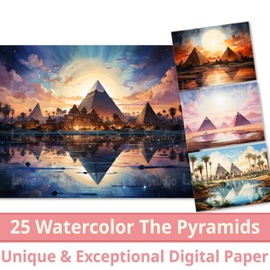 25 Piramidy w Egipcie Papier cyfrowy, akwarelowe krajobrazy pustyni Clipart, Sublimacja, Do użytku komercyjnego, NATYCHMIASTOWE pobranie.