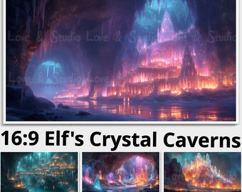 May include: A digital illustration of a crystal cave with a glowing city inside. The cave is lit with a blue and purple glow, and the city is made of glowing crystals. The image is a 16:9 aspect ratio and is part of a set of 25 high quality digital backgrounds.