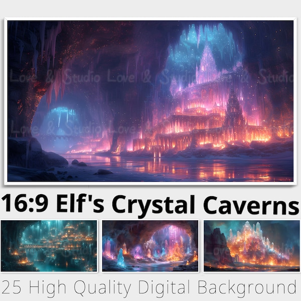 16:9 Elf's Crystal Caverns Digital Paper. 25 Printable Fantasy Background. Samsung Frame TV Art. Youtube Overlay. Commercial Use