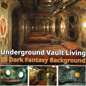 Puede incluir: Un conjunto de 25 fondos de fantasía oscura que presentan un espacio de vida subterráneo en una bóveda con paredes de metal oxidado, tuberías expuestas y camas con mantas rojas. La imagen muestra tres ángulos diferentes del espacio.