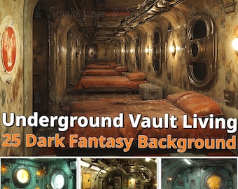 May include: A set of 25 dark fantasy backgrounds featuring an underground vault living space with rusty metal walls, exposed pipes, and beds with red blankets. The image shows three different angles of the space.