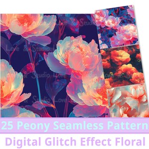 Peut inclure: Une impression d'art numérique avec de grandes pivoines stylisées roses, pêche et blanches sur fond bleu foncé. L'image comprend des échantillons de motifs floraux plus petits. Le texte indique "25 Peony Seamless Pattern" et "Digital Glitch Effect Floral."