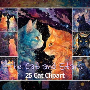 25 The Cat and The Stars Clipart, Cat Gazing up at the Night Sky, Stars, Constellations Printable Art. High-Quality JPG File, Commercial Use