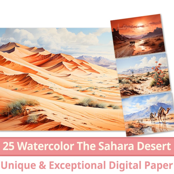 25 Watercolor The Sahara Desert Digital Paper, Landscape Clipart, Sand Dune Scene, Making a Card, Journal, Wallpaper, Commercial Use,