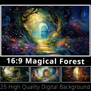 Sfondo digitale della foresta magica 16:9. 25 TV Samsung con cornice art. Sovrapposizione di Youtube. Sfondo del desktop. Clipart di fantasia. Uso commerciale