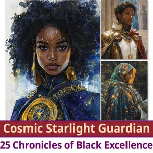 25 Cosmic Starlight Guardian Digital Paper, Fantasy Chronicle of Black Excellence Clipart, Imprimível Majestic African American, Comercial