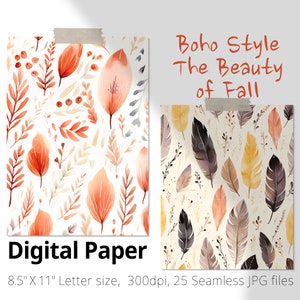 25 Boho-style The Beauty of Fall Digital Paper. Ethnic Boho Watercolor Seamless Pattern. Sublimation Design, Bohemian Print, Commercial use